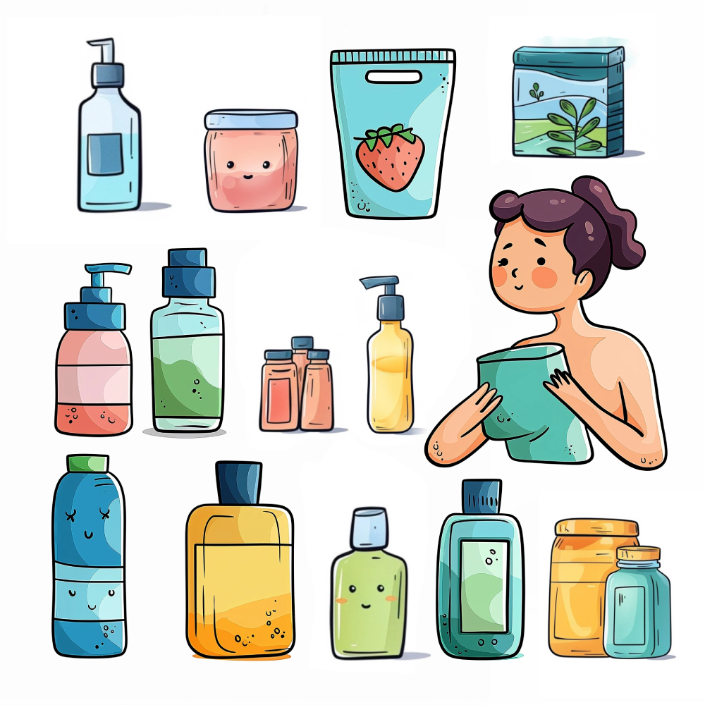 alt="Image of personal care products including soap, shampoo, oils, and lotion bottles."<br />

